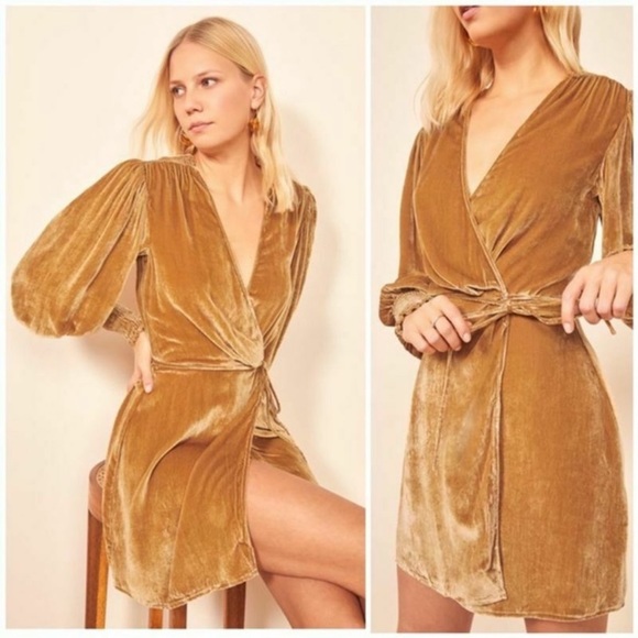 Reformation Dresses & Skirts - NWT Reformation Boheme Velvet Long Sleeves Wrap Dress In Gold Size S